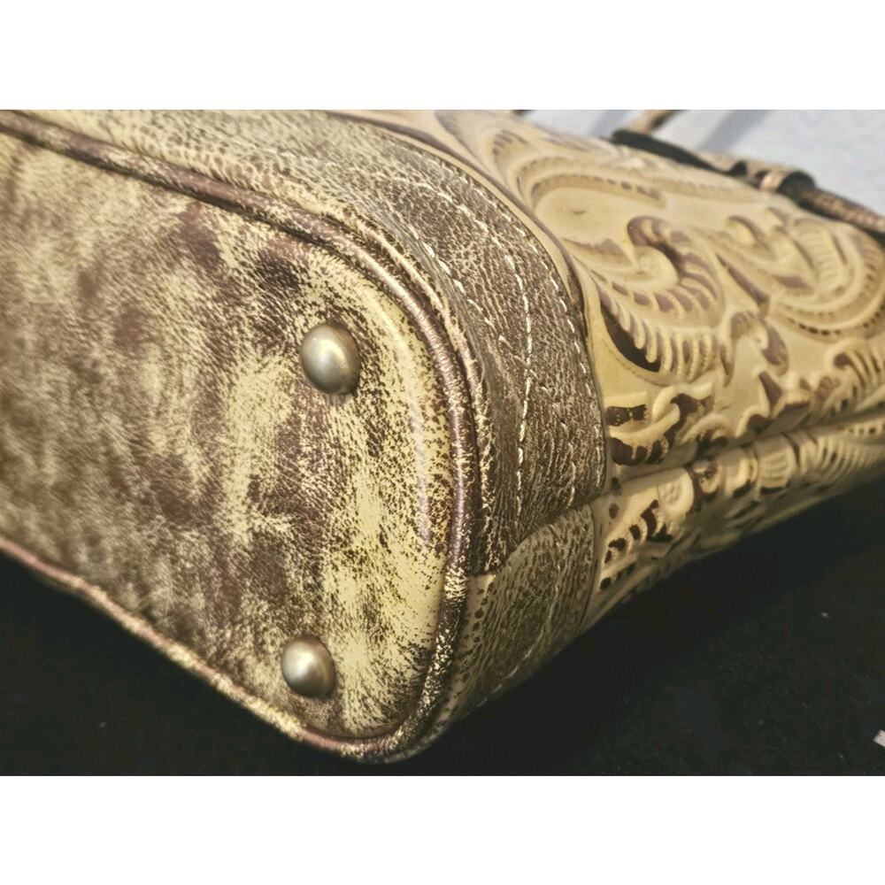 Patricia Nash Burnished Tooled Zorita Satchel Bag Metallic gold finish 14x10x4 - Picture 11 of 15